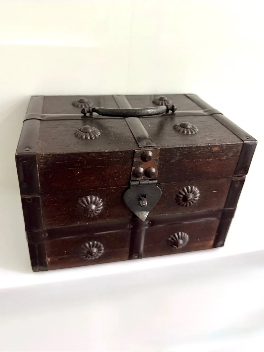 Vintage Wood Jewelry Box Spanish Revival Keepsake Chest Trunk Red Lining